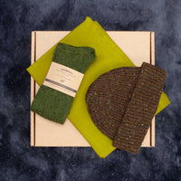 Gift idea including Moss Beanie , socks and shawl in similar tones from The Wool Company.