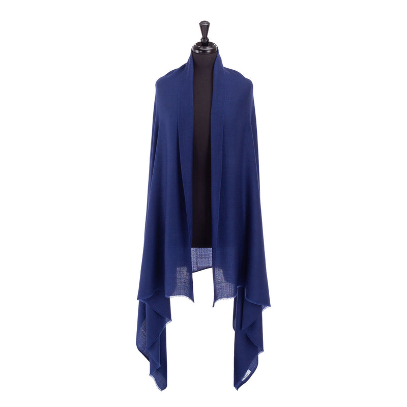 Fine Merino wool shawl in classic navy blue with a soft fringe edge super-soft generous size lightweight & warm top-quality