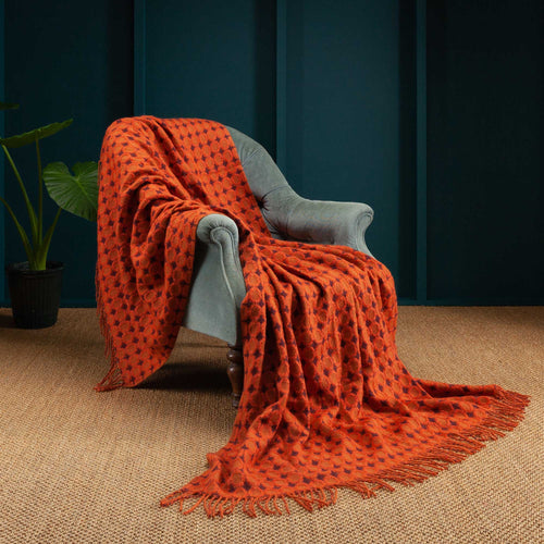 Mohair & Merino wool blend throw lightweight soft & warm circular design orange tones with a tasselled fringe 130 x 200 cm