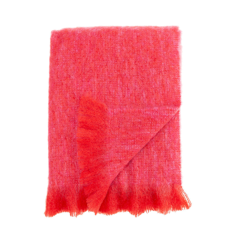100% Mohair throw lightweight super soft & warm vibrant orangey-pink tones with a soft fringe edge By The Wool Company