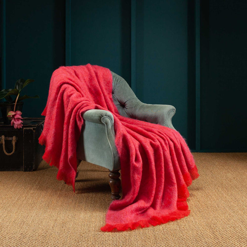 100% Mohair throw lightweight super soft & warm vibrant orangey-pink tones with a soft fringe edge 122 x 183 cm