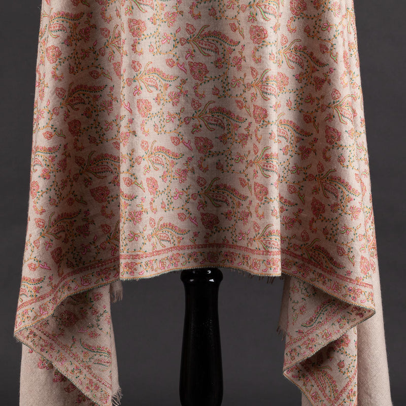 Hand Embroidered Cashmere Pashmina Natural Floral