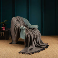 Mohair blend throw lightweight ultra soft & warm tones of brown grey & black plaid weave with tasselled fringe 130 x 200 CMS.