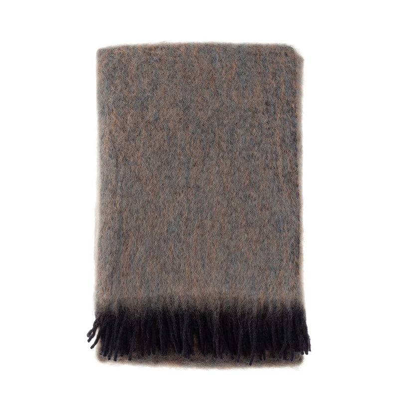 Mohair blend throw lightweight ultra soft & warm tones of brown grey & black plaid weave with tasselled fringe 130 x 200 CMS.
