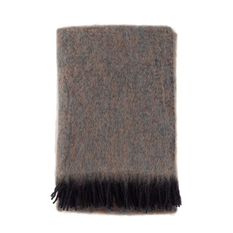 Mohair blend throw lightweight ultra soft & warm tones of brown grey & black plaid weave with tasselled fringe 130 x 200 cm