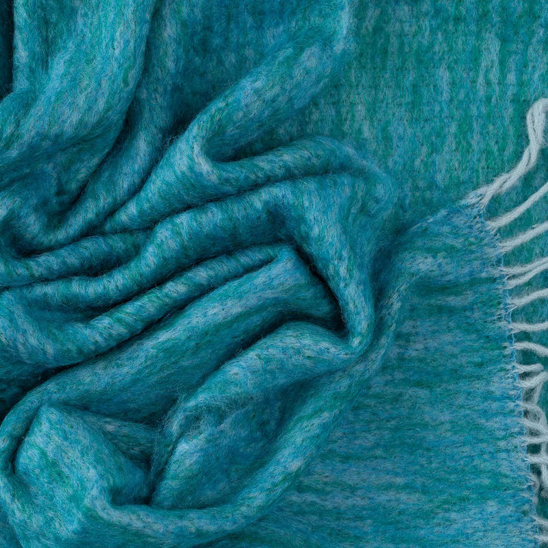 Mohair blend throw lightweight ultra soft & warm coastal blues & greens in a plaid weave with a tasselled fringe 130 x 200 cm