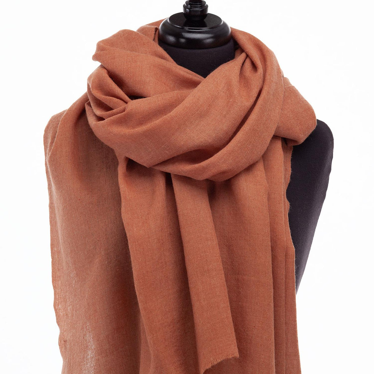 Fine wool & silk blend shawl in a warm cinnamon spice brown with a soft fringe edge super-soft lightweight & warm top-quality