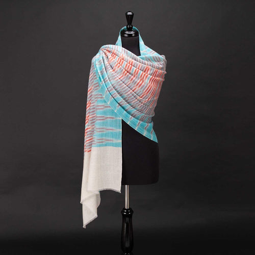 Hand-crafted 100% cashmere pashmina classic design aqua blue & red on a neutral background finest-quality By The Wool Company