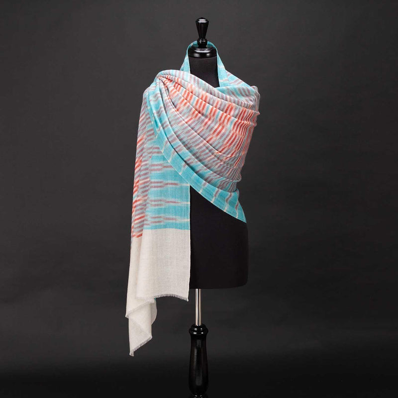 Hand-crafted 100% cashmere pashmina classic design aqua blue & red on a neutral background finest-quality By The Wool Company