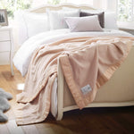 British-made super-soft cashmere blend blankets lightweight warm traditional satin-style ribbon trim, available in 2 colours 