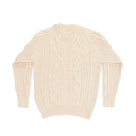 100% British wool traditional classic Aran design sweater in soft cream ecru crew neck made in England top-quality