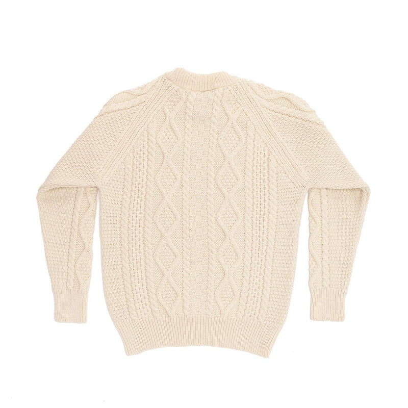 100% British wool traditional classic Aran design sweater in soft cream ecru crew neck made in England top-quality