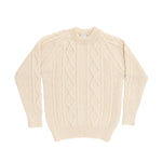 100% British wool traditional classic Aran design sweater in soft cream ecru crew neck made in England From The Wool Company