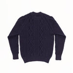 100% British wool traditional classic Aran design sweater in navy blue crew neck & raglan sleeves made in England top-quality