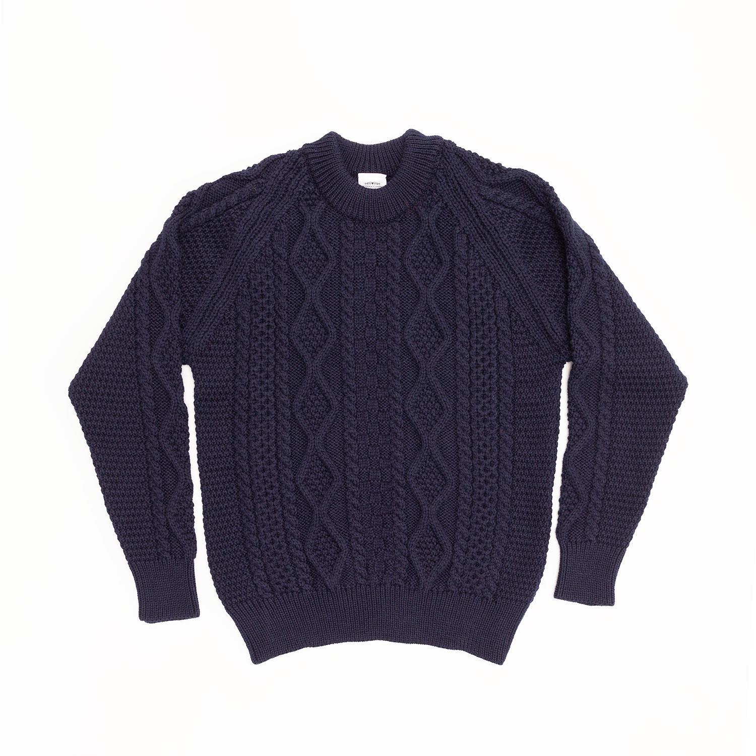 Aran Crew Neck Sweater Navy British Wool The Wool Co
