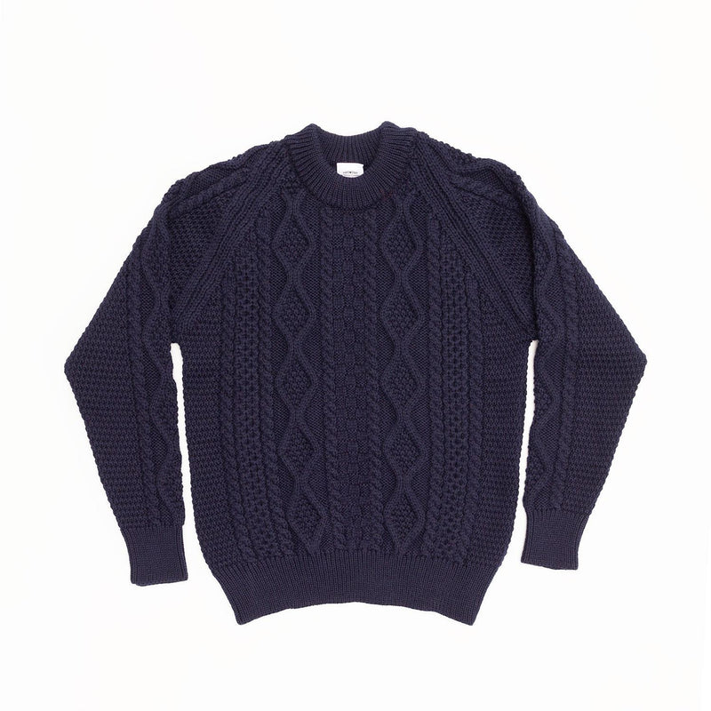 100% British wool traditional classic Aran design sweater in navy blue crew neck made in England From The Wool Company