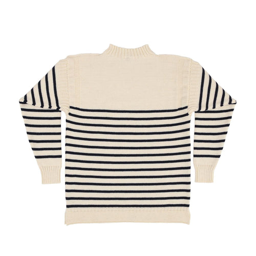 100% British wool vintage style Guernsey sweater in soft cream ecru and navy stripes made in England top-quality