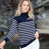 100% British wool vintage style Guernsey sweater in navy blue and soft cream ecru stripes made in England top-quality 
