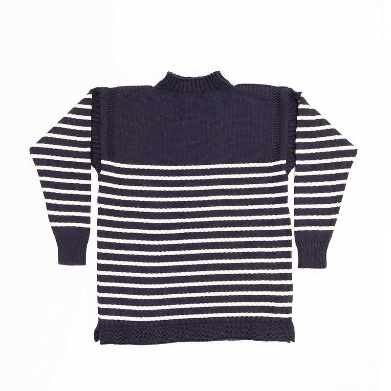 100% British wool vintage style Guernsey sweater in navy blue & soft cream ecru stripes made in England From The Wool Company