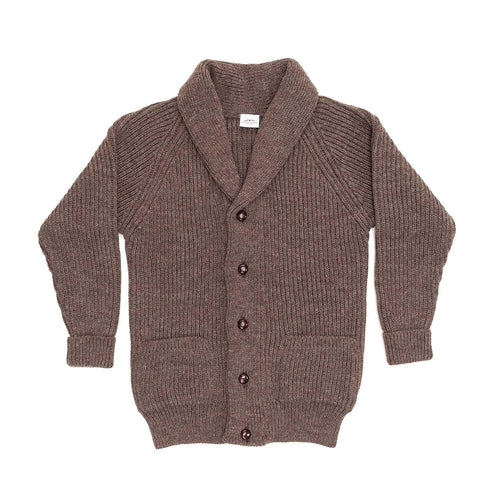 100% British wool classic fishermans rib shawl collar cardigan undyed warm mocha brown made in England From The Wool Company