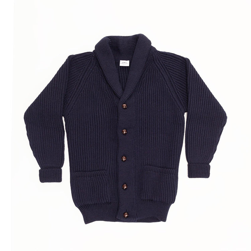 100% British wool classic fisherman's rib shawl collar cardigan in navy blue made in England From The Wool Company