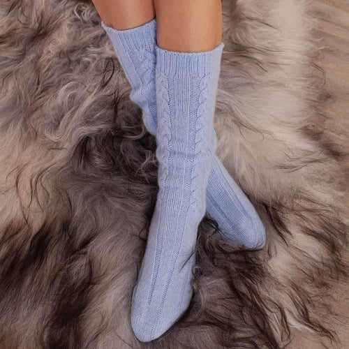 Cashmere cable knit bed socks super-soft powder blue colour in size 4 -7 made in Scotland finest-quality From By Wool Company