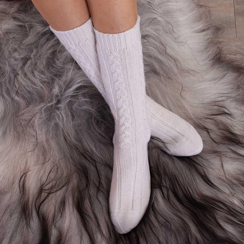 Cashmere cable knit bed socks super-soft cream colour in size 4 - 7 made in Scotland finest-quality From The Wool Company
