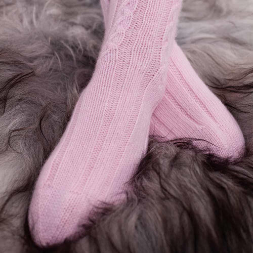 Cashmere cable knit bed socks super-soft powder pink colour in size 4 - 7 made in Scotland finest-quality & luxurious comfort