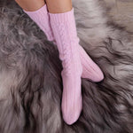 Cashmere cable knit bed socks super-soft powder pink colour in size 4 - 7 made in Scotland finest-quality By The Wool Company