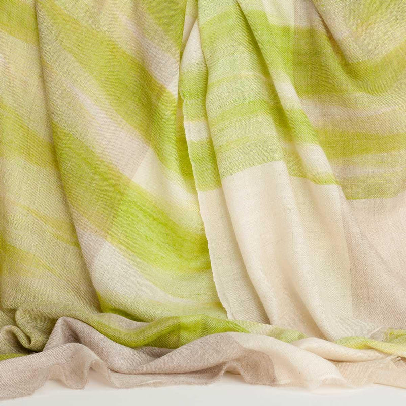 Hand-crafted 100% cashmere pashmina classic design green & beige on a neutral background finest-quality super-soft shawl