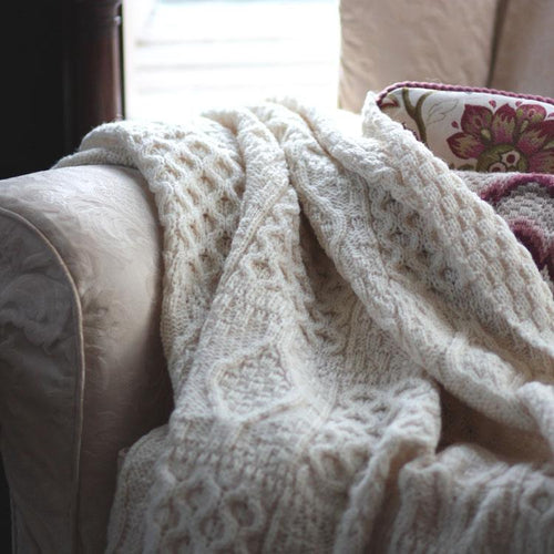 100% British wool chunky Aran knitted throw undyed versatile & practical top-quality made in England From The Wool Company