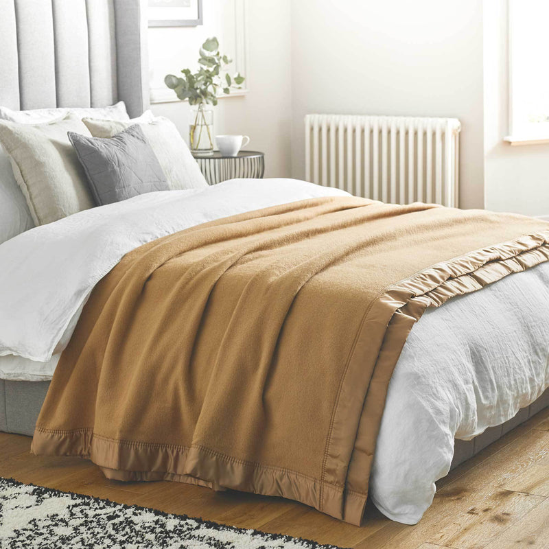 British-made Merino wool blankets medium weight warm traditional satin-style ribbon trim, available in 7 colours 