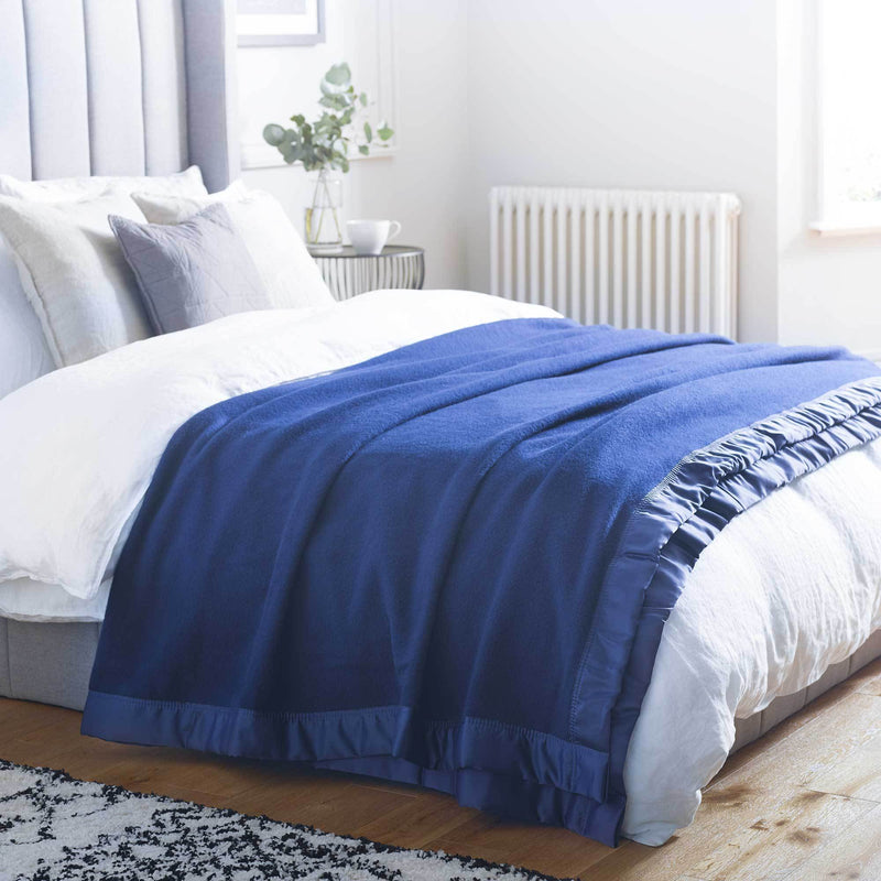 British-made Merino wool blankets medium weight warm traditional satin-style ribbon trim, available in 7 colours 