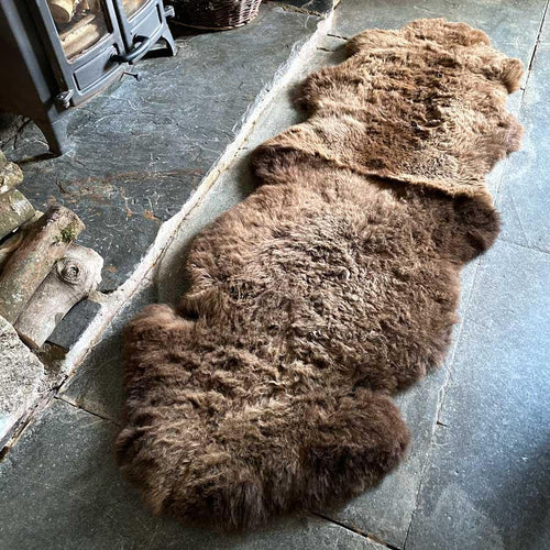 British double sheepskin in natural brown Silky soft made from two skins sewn together. Luxurious & thick By The Wool Company