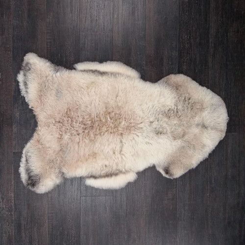 Undyed, shorn XL Icelandic sheepskin, greys, and browns flecked through a natural white soft fleece, Eco tanned British skins