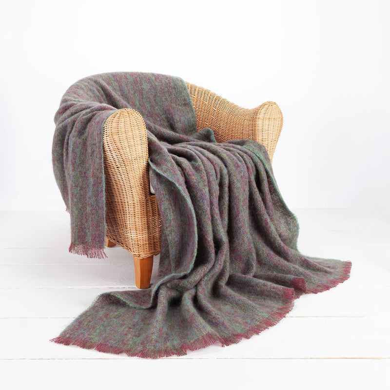 Super-soft, thick mohair throw in rich dark purple & green with a hint of turquoise blue top quality warm & light & cosy 