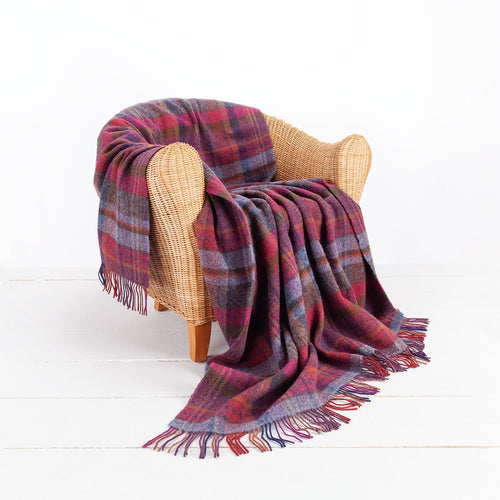 100% pure new wool medium weight throw in autumnal tones of red, mauve, and gold checks top-quality, warm and cosy