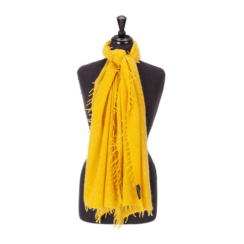 100% soft knitted cashmere stole mustard yellow with short scallop fringe lightweight & warm top-quality By The Wool Company