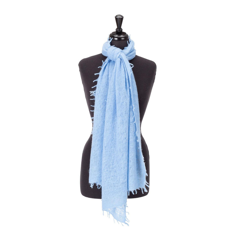 100% soft knitted cashmere stole in pale blue with short scallop fringe unique design lightweight & warm top-quality