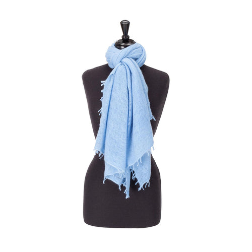 100% soft knitted cashmere stole in pale blue with short scallop fringe unique design lightweight & warm top-quality