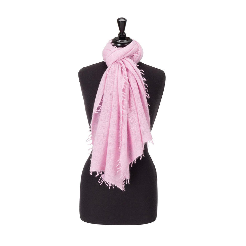 100% soft knitted cashmere stole in pale pink with short scallop fringe unique design lightweight & warm top-quality