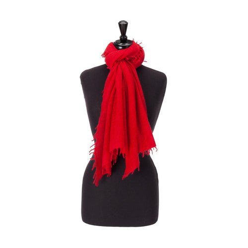 100% soft knitted cashmere stole in vibrant rich red with short scallop fringe unique design lightweight & warm top-quality