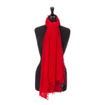 100% soft knitted cashmere stole in rich red with short scallop fringe lightweight & warm top-quality By The Wool Company