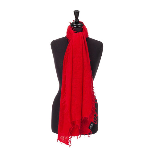 100% soft knitted cashmere stole in rich red with short scallop fringe lightweight & warm top-quality By The Wool Company