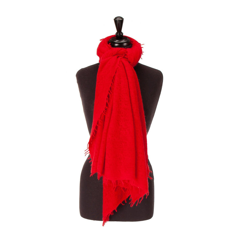 100% soft knitted cashmere shawl in vibrant red with a short scallop fringe unique design lightweight & warm top-quality 