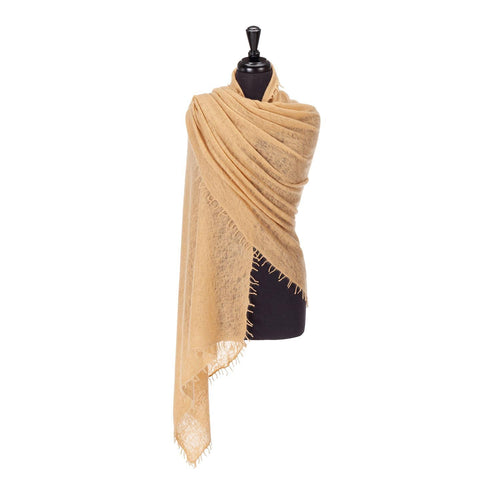 100% soft knitted cashmere shawl, fudge tones with a short scallop fringe lightweight & warm top-quality By The Wool Company 