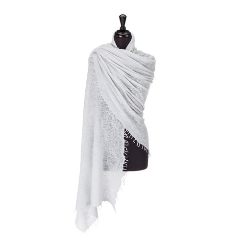 100% soft knitted cashmere shawl, silver grey with a short scallop fringe lightweight & warm top-quality By The Wool Company