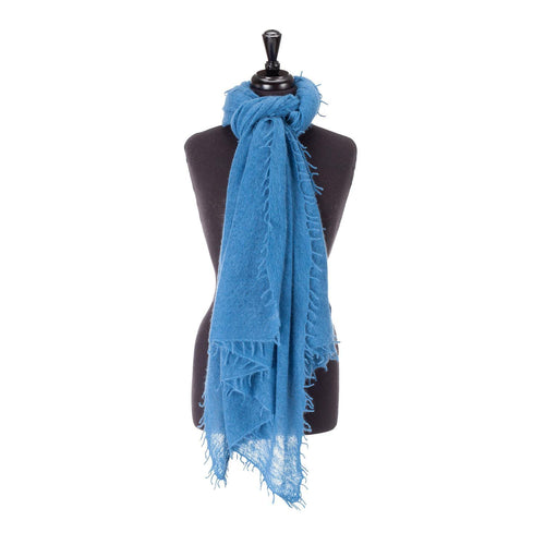 100% soft knitted cashmere shawl in teal blue with a short scallop fringe lightweight & warm top-quality By The Wool Company