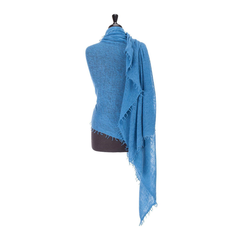 100% soft knitted cashmere shawl in teal blue with a short scallop fringe unique design lightweight & warm top-quality 