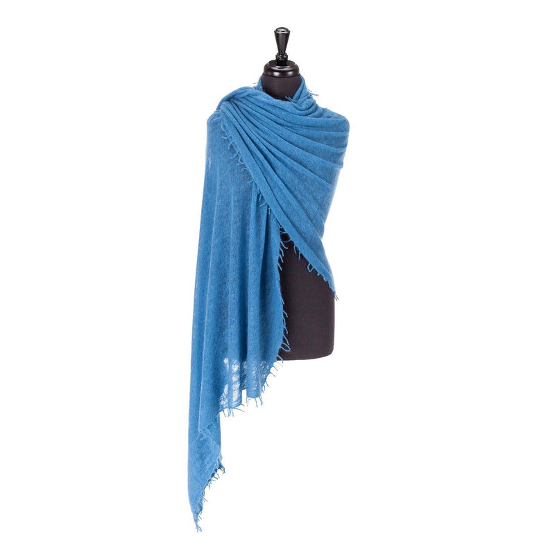 100% soft knitted cashmere shawl in teal blue with a short scallop fringe unique design lightweight & warm top-quality 